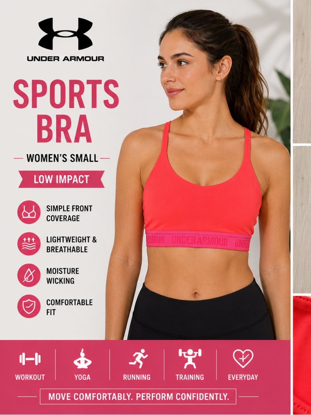 Under Armour Sports Bra Women’s Small Neon Coral Pink Strappy Back Low Impact